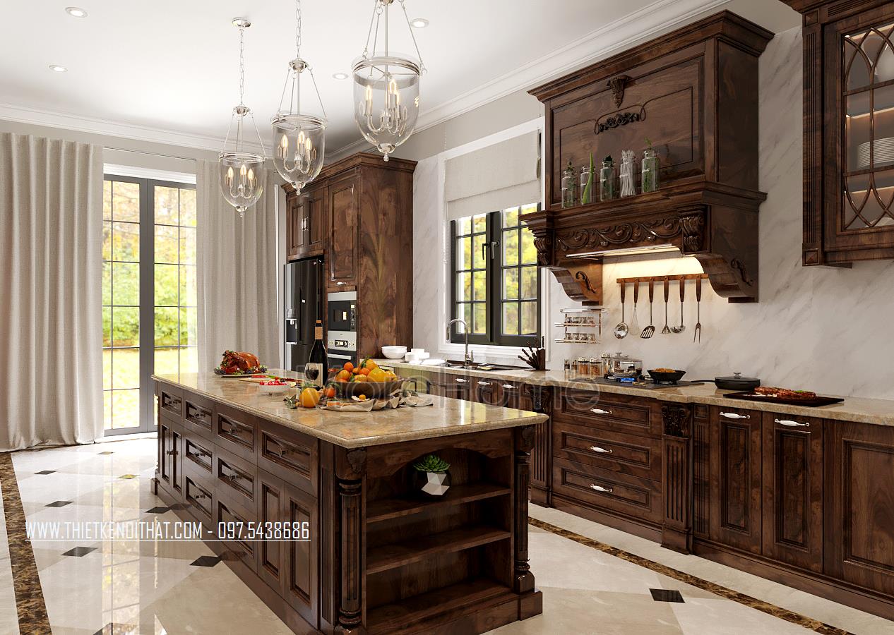 Mẫu tủ bếp óc chó cao cấp tại biệt thự SPLENDORA 