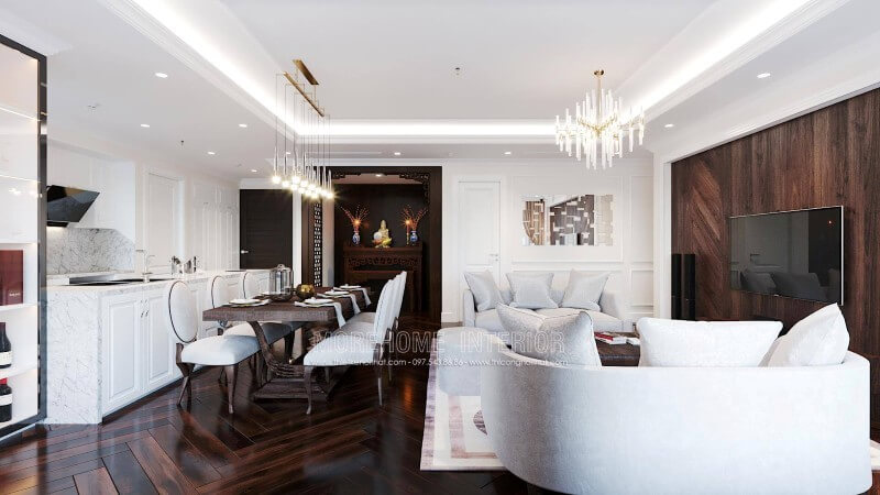 Thiết kế nội thất phòng ăn liền kề phòng khách tại chung cư cao cấp Thiết kế nội thất phòng ăn gỗ óc chó cao cấp sang trọng