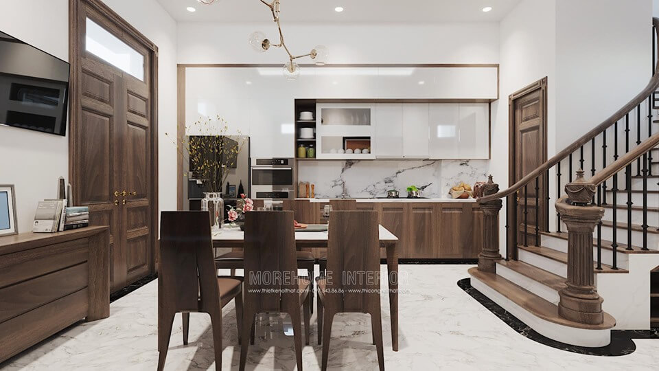 Nội thất phòng ăn với nội thất gỗ tự nhiên cao cấp với thiết kế mới lạ, chắc chắn giúp người ngồi thoải mái nhất Thiết kế nội thất phòng ăn gỗ óc chó cao cấp sang trọng