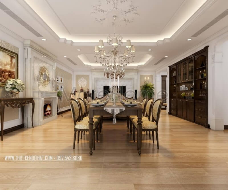 Trang trí nội thất phòng ăn chung cư phong cách tân cổ điển Thiết kế nội thất phòng ăn gỗ óc chó cao cấp sang trọng