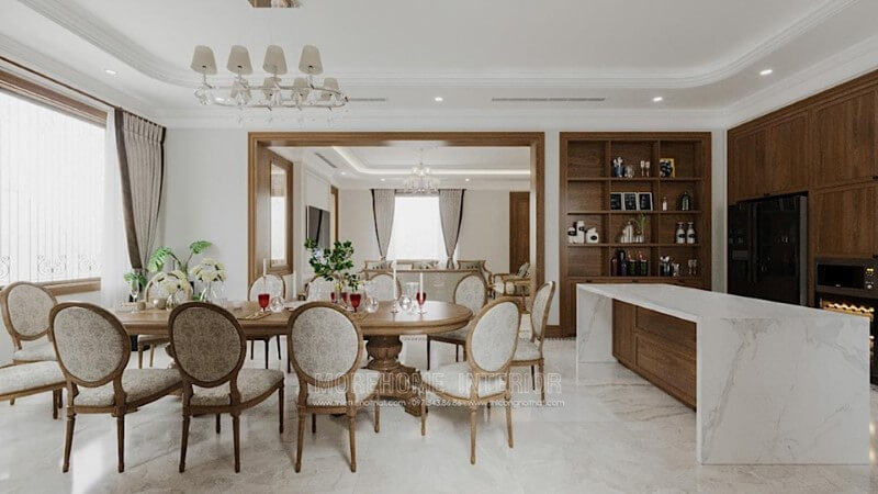 Thiết kế nội thất phòng ăn gỗ óc chó phong cách tân cổ điển sang trọng, quý phái cho biệt thự Spendora Bắc An Khánh Thiết kế nội thất phòng ăn gỗ óc chó cao cấp sang trọng