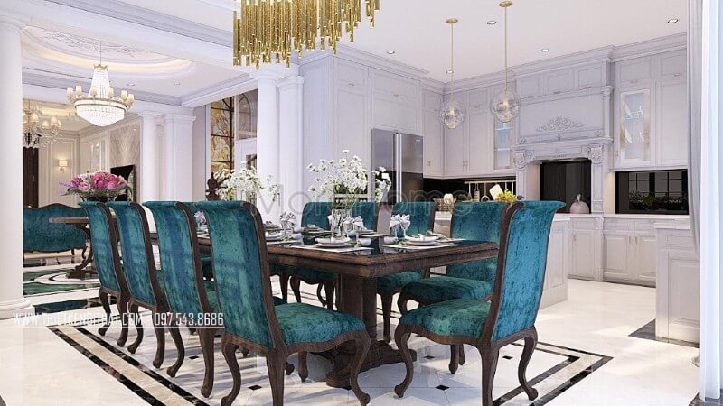 Nội thất phòng ăn gỗ óc chó sang trọng và cao cấp, bộ bàn ăn 10 chỗ sẽ là sự lựa chọn không tồi cho những gia đình đông thành viên Thiết kế nội thất phòng ăn gỗ óc chó cao cấp sang trọng