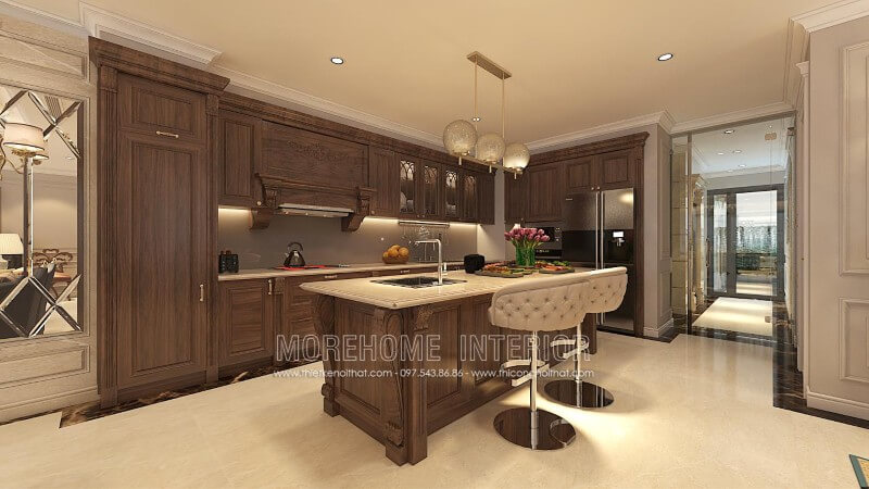 Mẫu tủ bếp gỗ óc chó kiểu dáng chữ i song song này tạo ra nhiều khoảng không gian lưu trữ giúp căn bếp biêt thự gọn gàng, kết hợp với bàn ăn phụ giúp các bạn thoải mái trang trí thêm cho căn bếp thêm sinh động, ấn tượng cũng như có những bữa ăn ngon miệng và nhanh chóng hơn