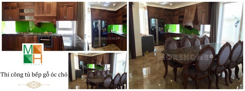 Khi nhắc đến tủ bếp cao cấp và sang trọng thì nổi bật nhất vẫn là tủ bếp được thi công bằng chất liệu gỗ óc chó.