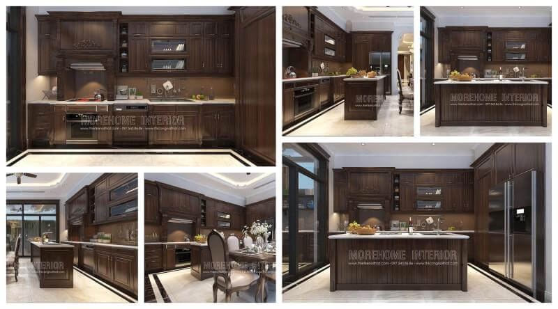 Không thể rời mắt khỏi mẫu thiết kế tủ bếp gỗ óc chó tân cổ điển cao cấp cho biệt thự. Sản phẩm được tối ưu hóa công năng, tiện ích sử dụng.