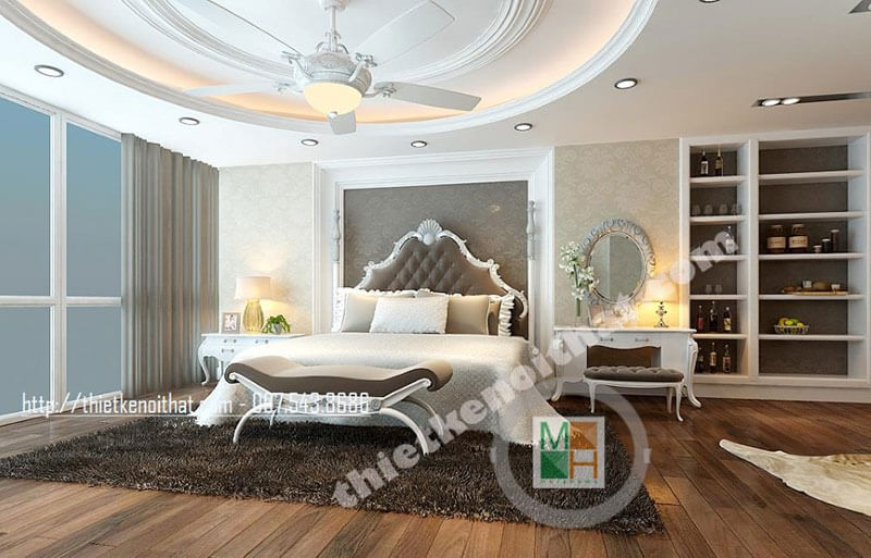 Mẫu giường ngủ với đường cong tân cổ điển, đầu giường bọc da sang trọng cho phòng ngủ Mẫu giường ngủ gỗ óc chó tân cổ điển