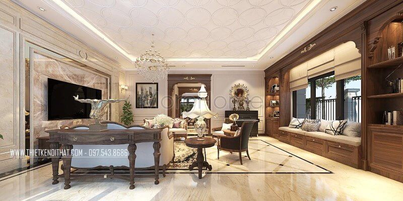 Trang trí phòng khách biệt thự Vinhomes Greenbay sang trọng với sản phẩm kệ trang trí kệ decor bằng gỗ óc chó