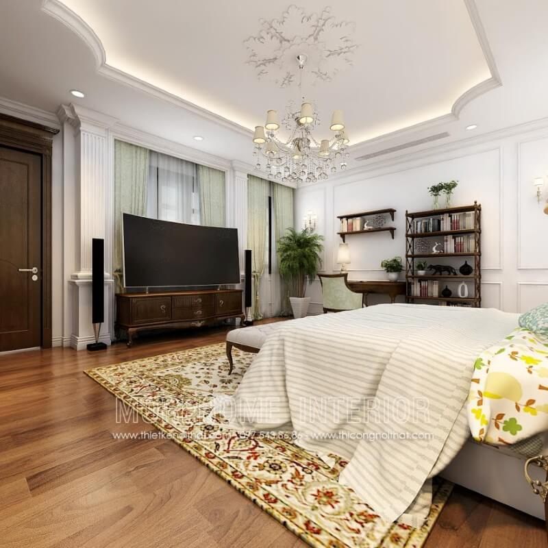 Một mẫu kệ tivi gỗ óc chó tân cổ điển điển hình trong phòng ngủ tại biệt thự được khách hàng lựa chọn đặt mua nhiều.