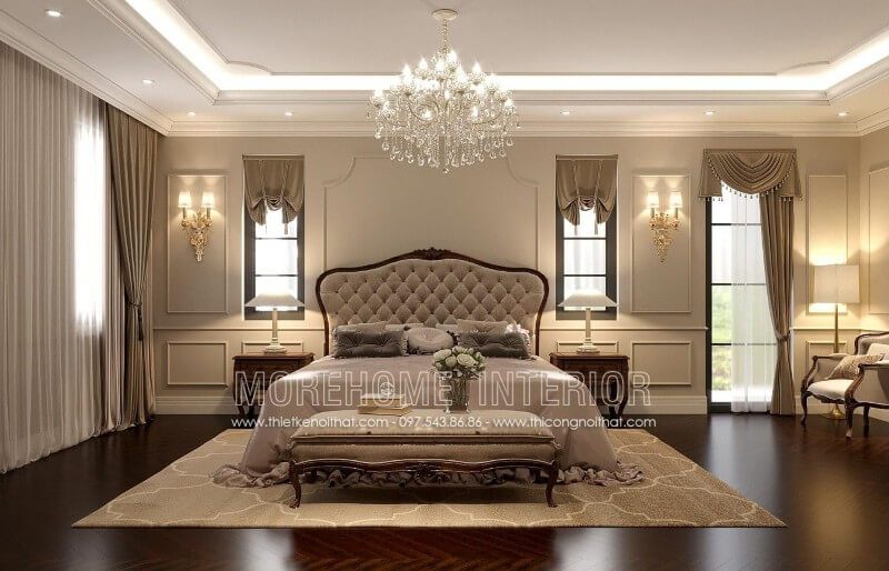 Ngọt ngào và sang chảnh với mẫu giường ngủ tân cổ điển bọc vải khung gỗ óc chó cao cấp này
