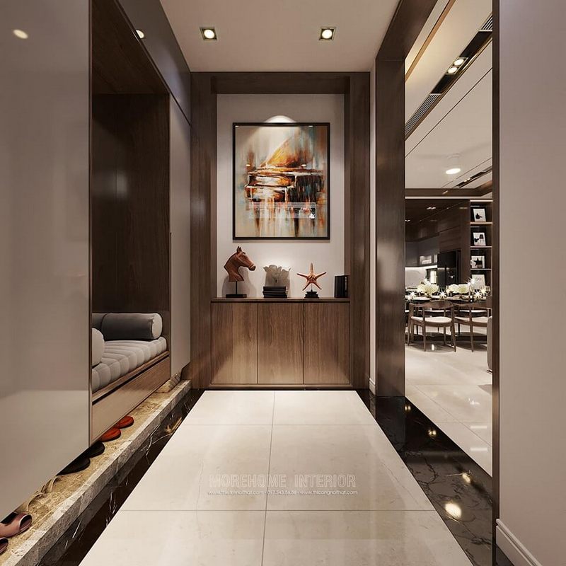 Mẫu tủ trang trí bằng gỗ óc chó đẹp cho tiền sảnh ở biệt thự Starlake tây hồ hà nội