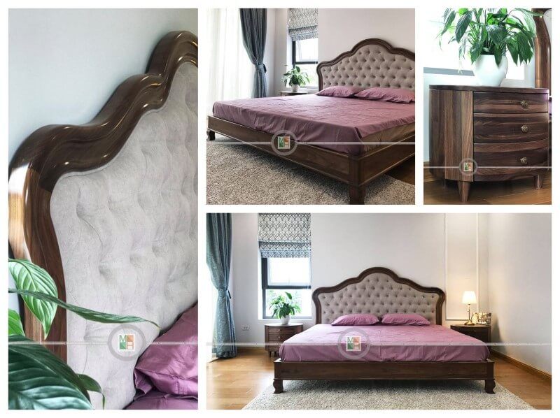 Sản phẩm giường ngủ bằng gỗ óc chó đẹp đẳng cấp tại công trình thi công nội thất biệt thự ecopark Hưng Yên