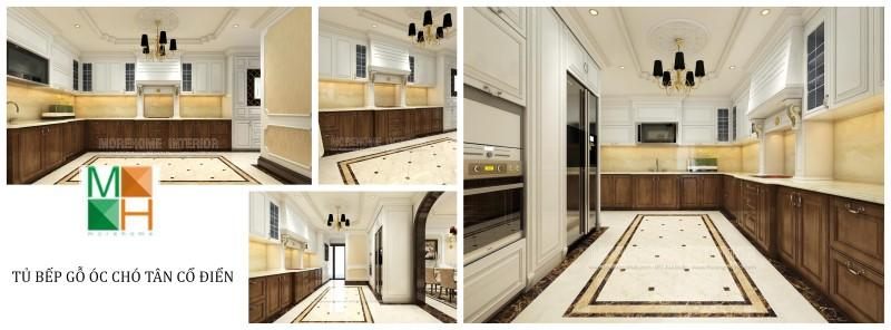 Mẫu thiết kế tủ bếp gỗ óc chó màu gỗ đặc trưng kết hợp phun sơn màu trắng luôn khách hàng yêu thích bới sự kết hợp hài hòa, nổi bật nét cổ điển sang trọng.