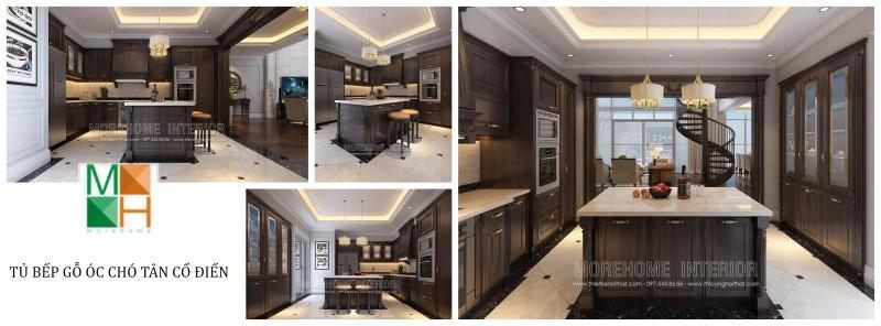 Không gian bếp đẳng cấp với mẫu thiết kế tủ bếp gỗ óc chó, một trợ thủ đắc lực cho người giữ