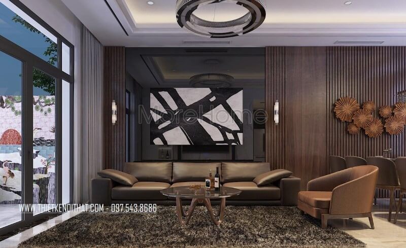 Mẫu sofa gỗ bọc da cao cấp màu đen hiện đại cho phòng khách nhà phốbiệt thự