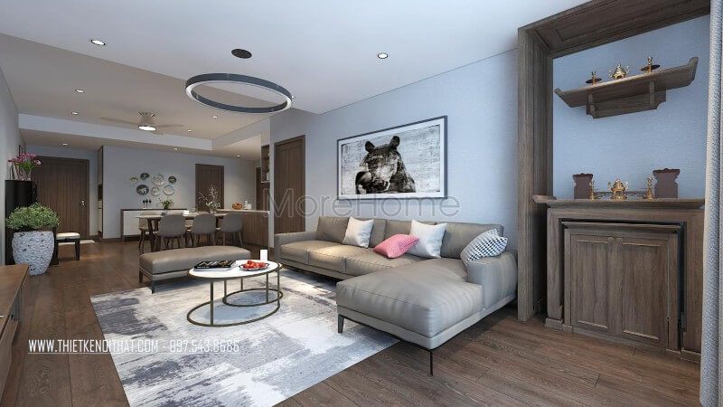 Thiết kế bộ sofa chữ L, chất liệu da màu xám lông chuột làm điểm nhấn cho không gian phòng khách mang đến sự sang trọng nhất định cho không gian này.