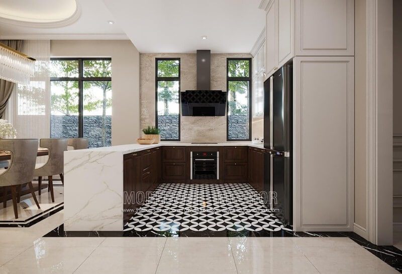 Gạch bông hoa văn đen trắng giả cổ đẹp, tạo nên sự sang trọng cho phòng bếp đương thời.