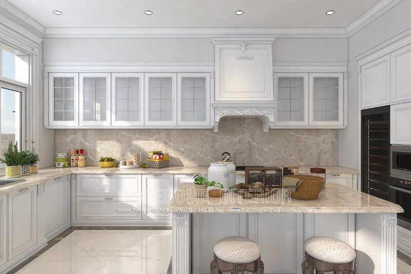 Phong cách tân cổ điển thường được yêu thích với sự sử dụng của tủ bếp gỗ sồi và tủ bếp tần bì cao cấp.