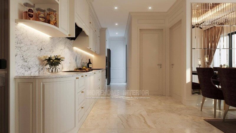 Phòng bếp được trang trí đẹp mắt, sang trọng và tiện nghi.