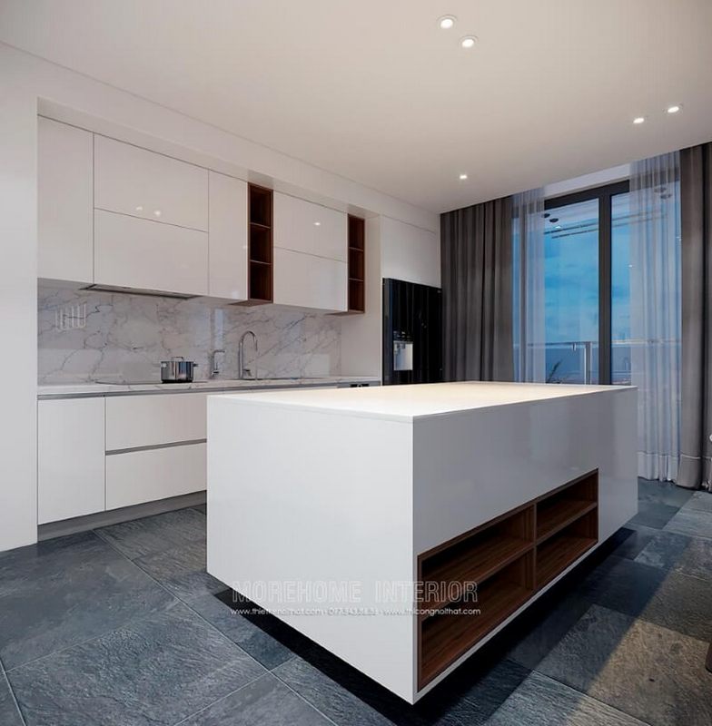 Mẫu thiết kế nội thất phòng bếp chung cư đem lại cảm giác ấn tượng và lạ mắt với sự sang trọng.
