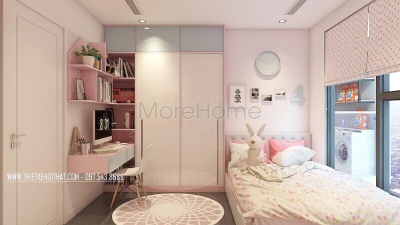 Nội thất phòng ngủ bé gái hiện đại, tinh tế, chất liệu gỗ công nghiệp được KTS sử dụng xuyên suốt tạo cho con có 1 không gian học và nghỉ ngơi thoải mái nhất