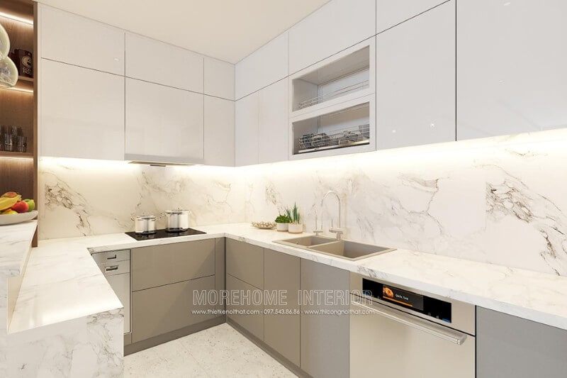 Phòng bếp được trang trí với nội thất hiện đại và tiện nghi.